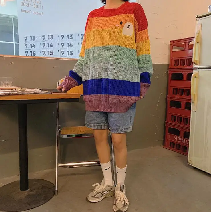 New cute bear expression embroidery vitality rainbow striped round neck knitted sweater | Женская одежда