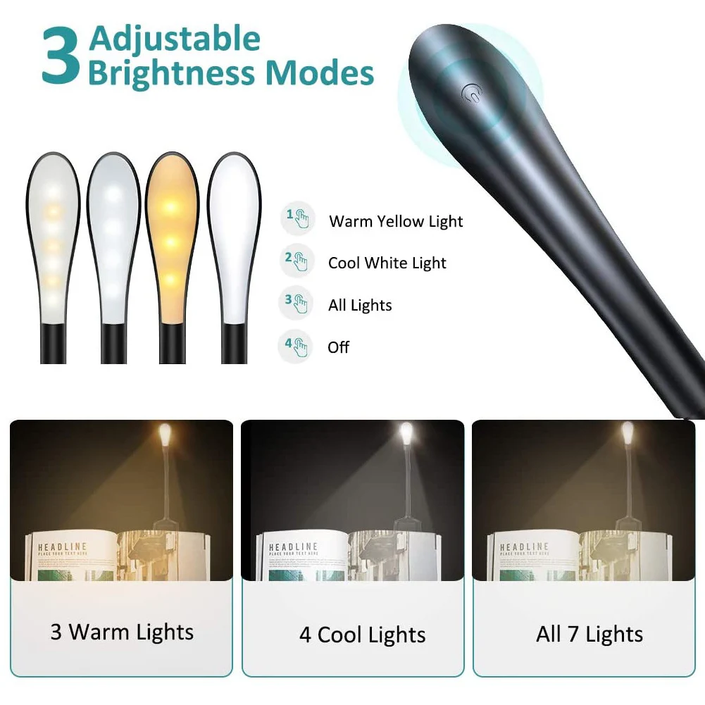 

Hot Rechargeable Reading Lamp 360 Degree Flexible Neck Clip Light 3 Color Temperature Adjustable 7 LED PLD