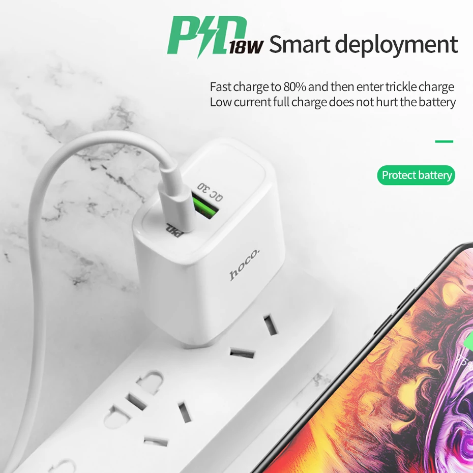 HOCO 18 Вт USB PD быстрое зарядное устройство адаптер QC3.0/2,0 быстрое зарядное устройство с type C к Lightning Кабель для быстрой зарядки
