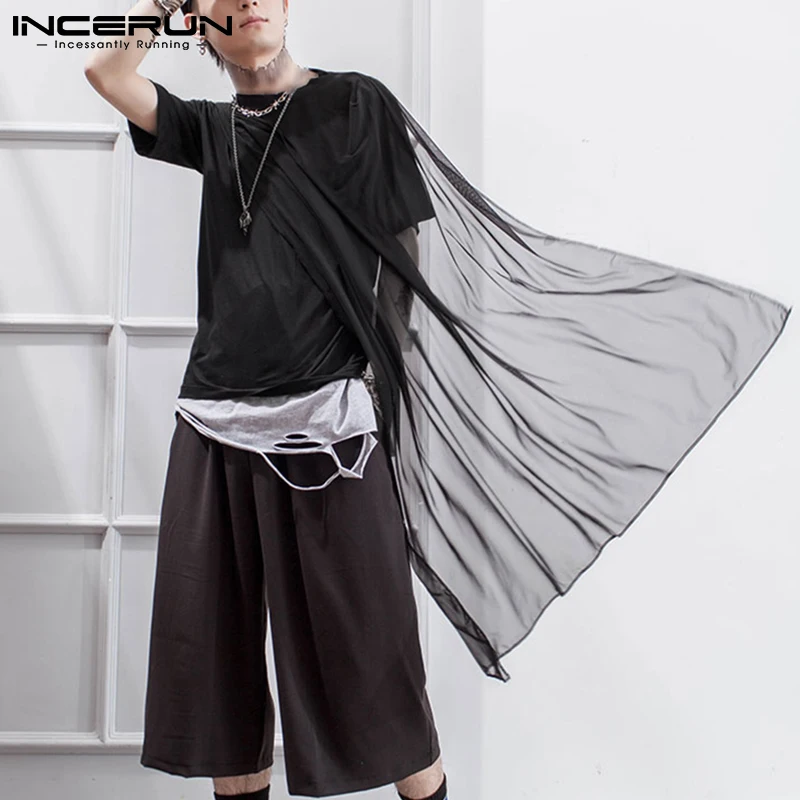 

INCERUN Fashion Men T Shirt O Neck Short Sleeve Mesh Patchwork See Through Tee Tops Streetwear Casual Irregular T-shirts 2021