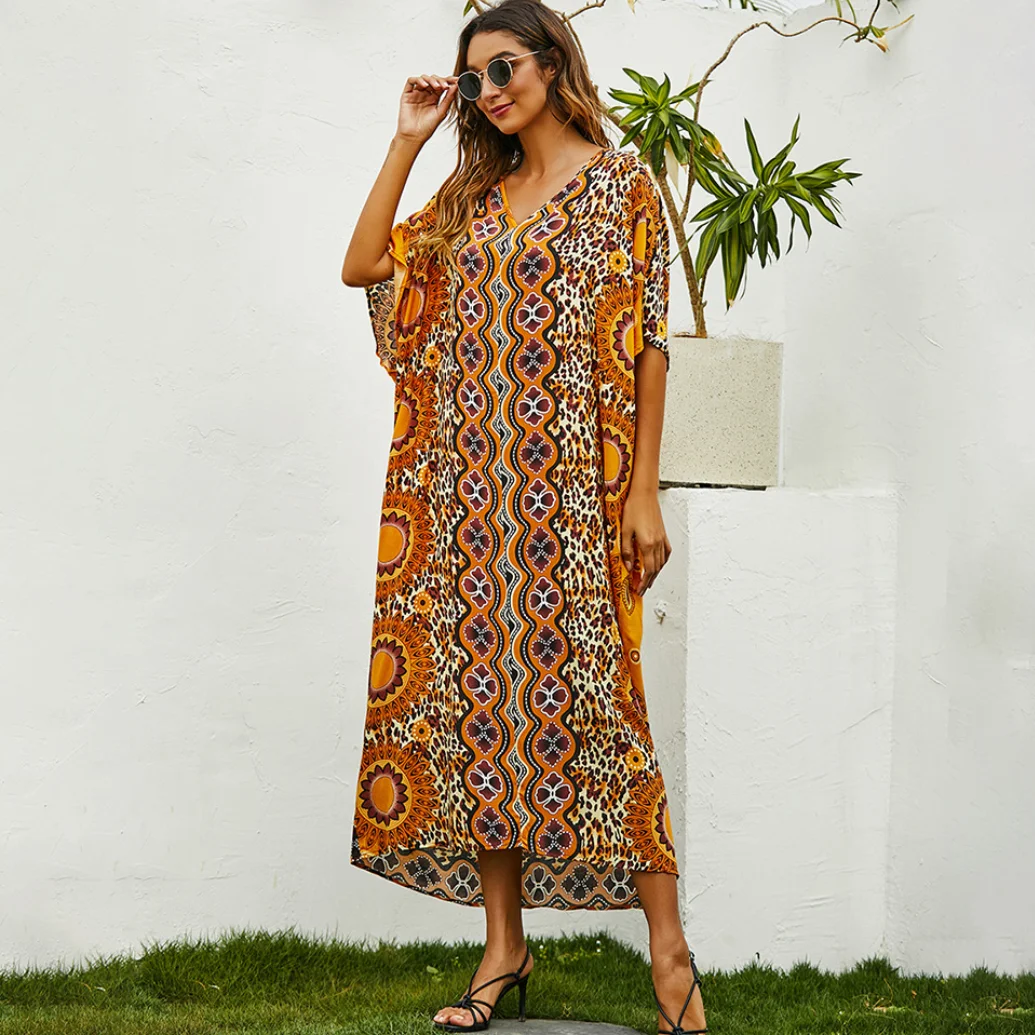 

2021 Muslim Summer New Middle East Large Size Loose Gown New European and American Holiday Dress Printed Dress Abaya