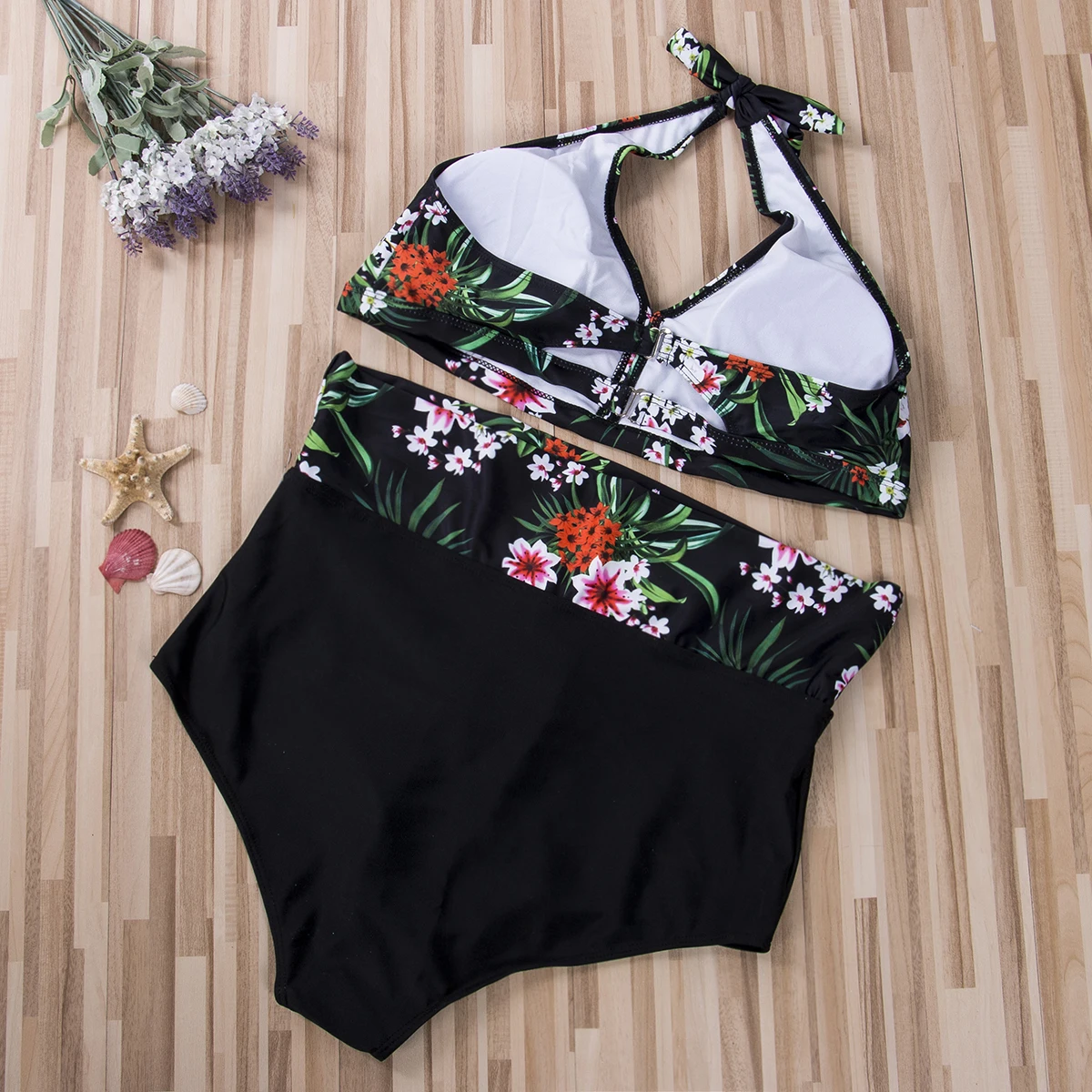 Женский купальник бикини большого размера микро с цветами черный высокой талией
