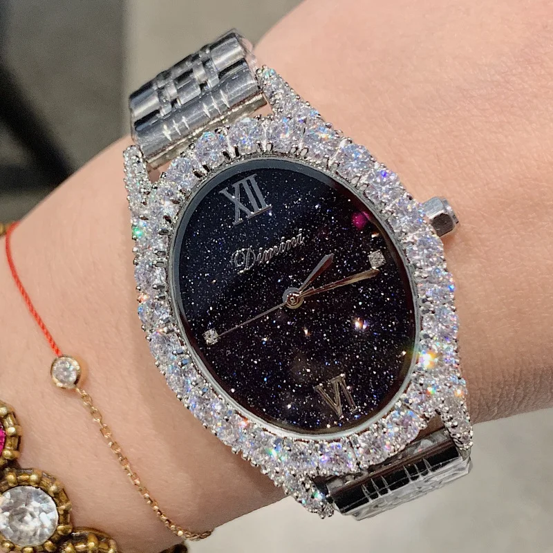 Часы женские кварцевые из нержавеющей стали овальные наручные с бриллиантами