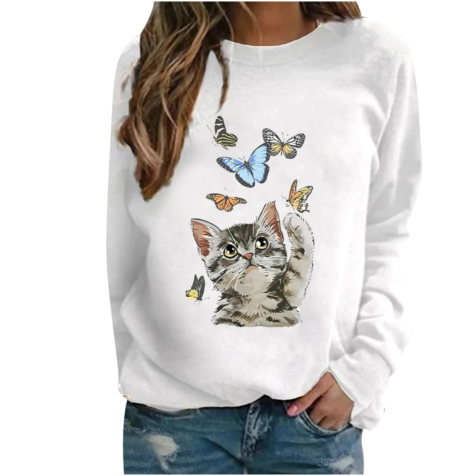 women's Hoodi Fashion Women Casual O- Neck Cat  Print Long-sleeved T-shirt las mujeres sweetshirts 2021 new hot sale