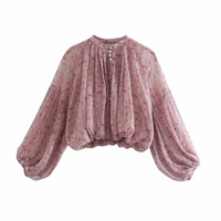za summer chiffon pink woman blouses 2020 printed crop top o neck balloon sleeve womens shirts holiday casual tulle blouse