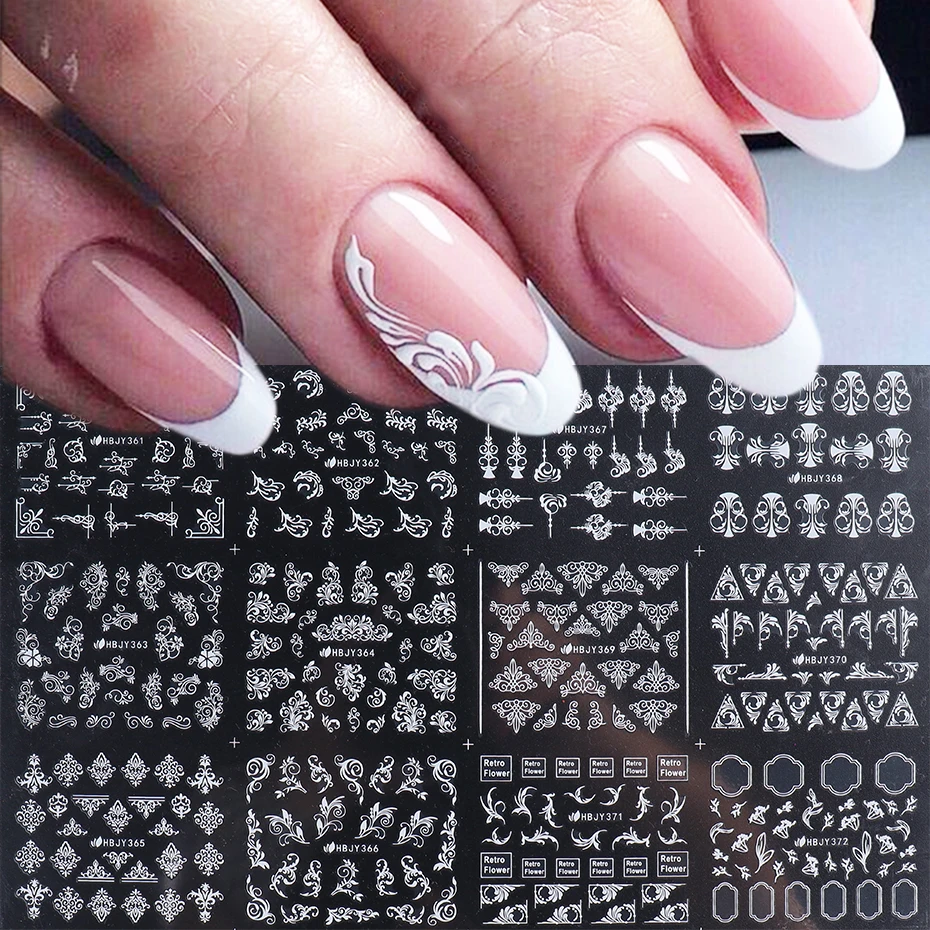 12 шт. белые черные золотые винтажные кружевные наклейки для ногтей с цветами