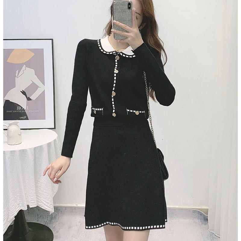 

2020 Knitted Two Piece Set Women Elegant Sweater Cardigan + Mini Skirt Set Suit Matching Sets High Quality Femme 2 piece set