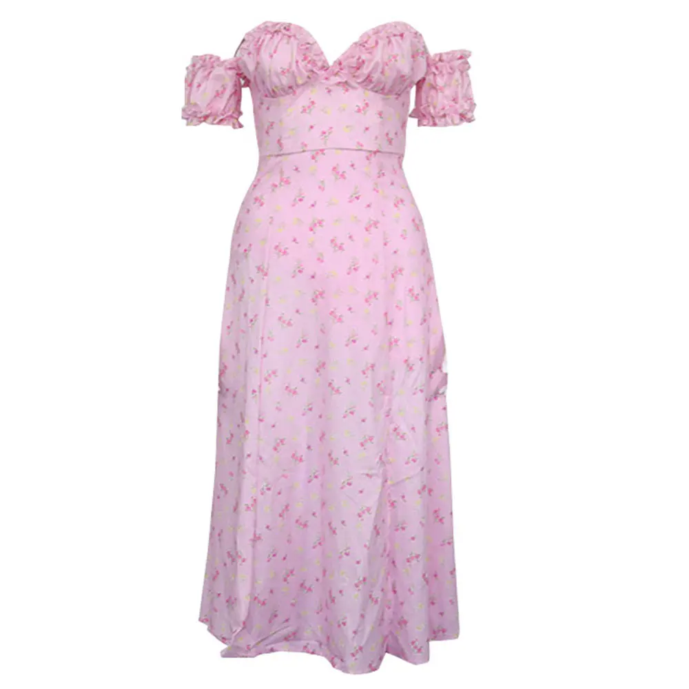 

Gentillove Women Summer Sexy Backless Skinny Party Club Printing V-Neck Basic Pleated Elegant Split Off Shoulder Long Dress