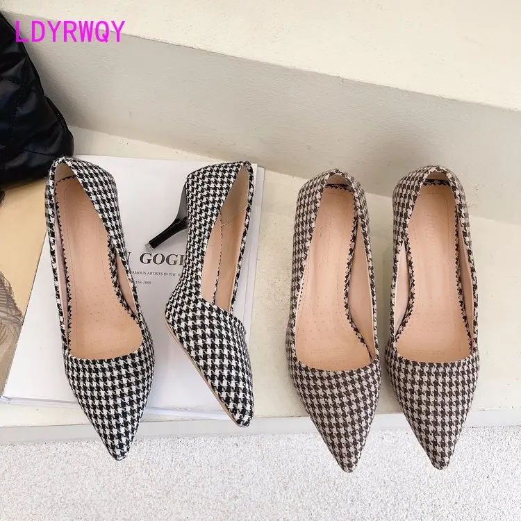 

LDYRWQY 2021 new summer Korean style pointed shallow mouth stiletto plaid fashion temperament belt heel shoes