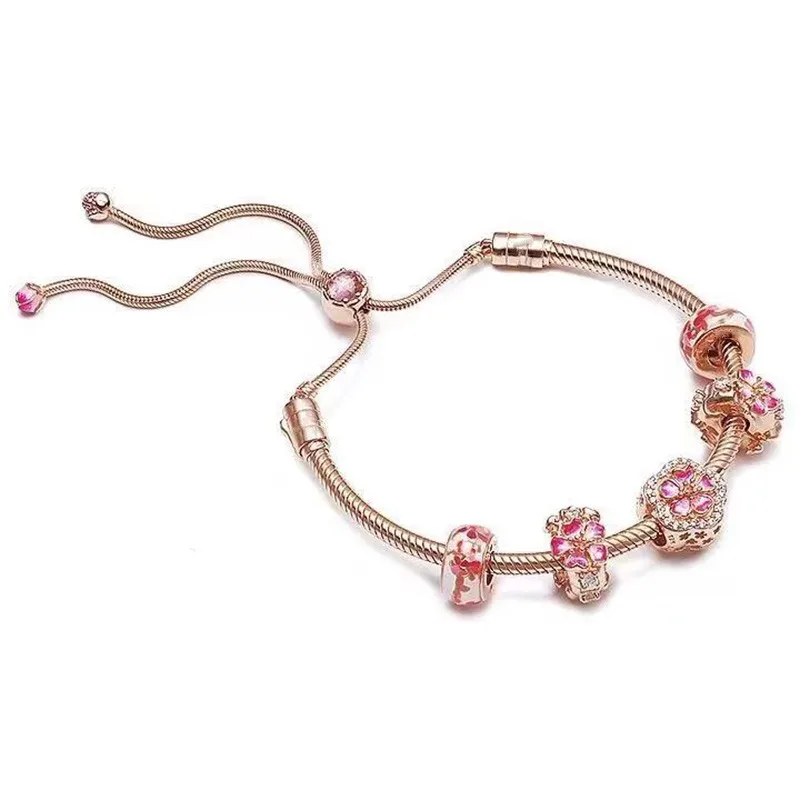 

2021 New 925 Silver Rose Gold Heart Daisy Bracelet Suitable For Ladies Wedding Party Gift Diy Jewelry