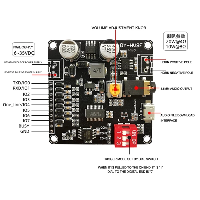 DY-HV8F 12V/24V Trigger Serial Port Control 10W/20W голосовой модуль воспроизведения с флэш-памятью 8MB |