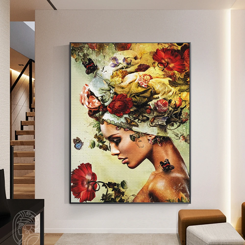 

Retro Profile Woman Flower Art Posters and Prints Artwork Picture Wall Canvas Painting For Living Room Mural Home Decoration