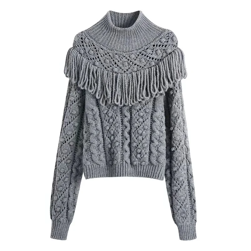 

ZXQJ Women 2021 Fashion With Pompom Fringed Loose Knit Sweater Vintage High Neck Long Sleeve Female Pullovers Chic Tops