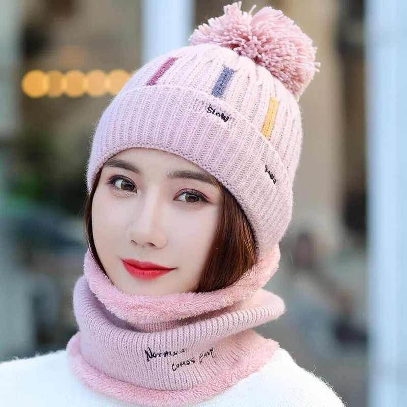 Knitted Hat With Scarf Collars SUOGRY Sets For Women Winter Ladies Hat& Scarf With Pompom Thick Two Piece Keep Snow Warm Set