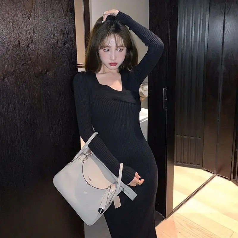 

Vintage Knitted Dress Women Long Sleeve Sweater Elegant Party Dress Female Spring 2021 Office Lady Slim One-Piece Dress Korean