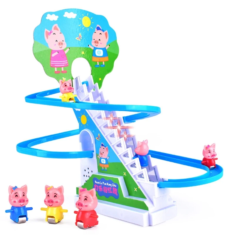 

Piggy Electric Rail Climbing Stairs Toy Light Music Ramp Racer Track Slide Gifts 97BC
