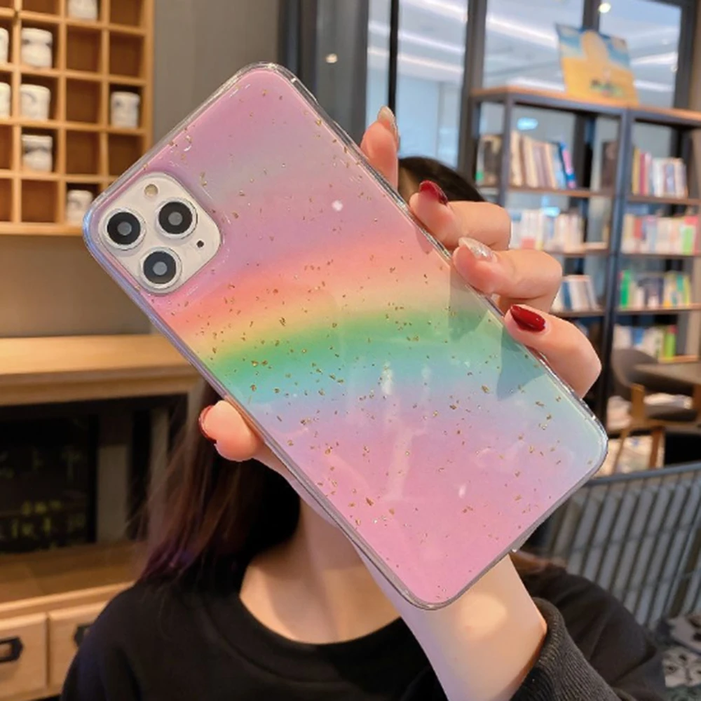 Мягкий силиконовый чехол для iphone 11 XR X XS Max блестящий Радужный Pro 8 7 6 6sPlus SE с золотой