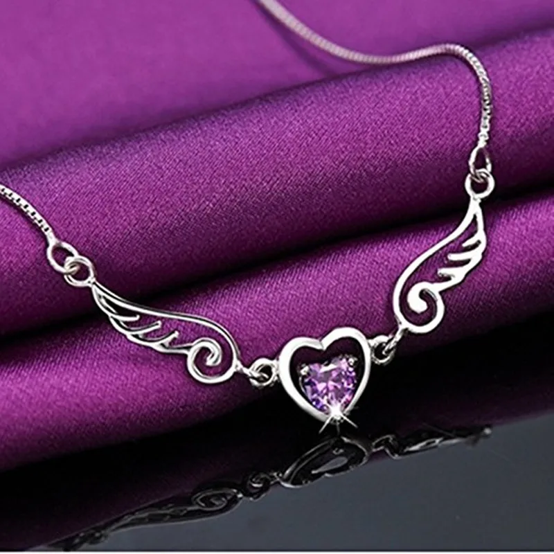 Dream Angels Wings Love Heart ожерелье женский подарок на день рождения 2 цвета 925 Серебряное ожерелье фиолетовый