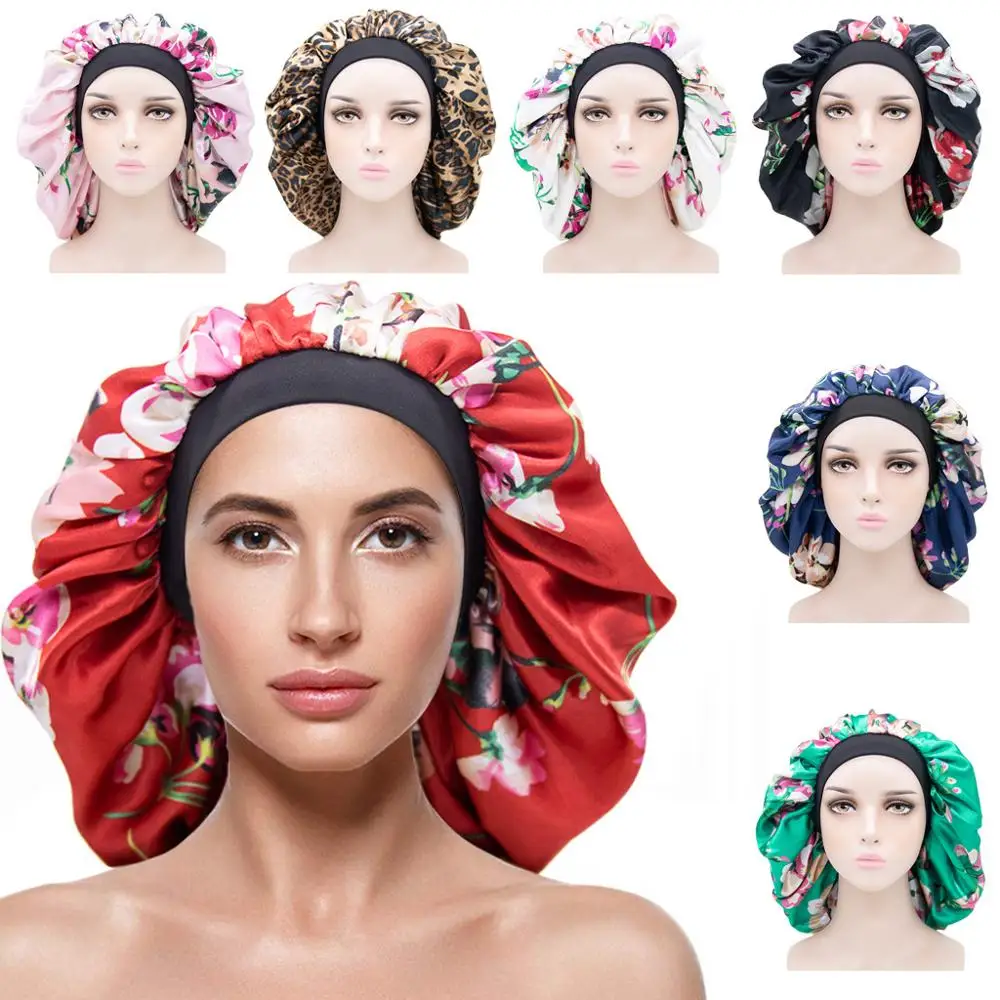 

Большие размеры, прочные широкие шелковые чапки с принтом, ночная шапка, душевая шапка, Женская атласная шапка с длинными волосами TB-189/190
