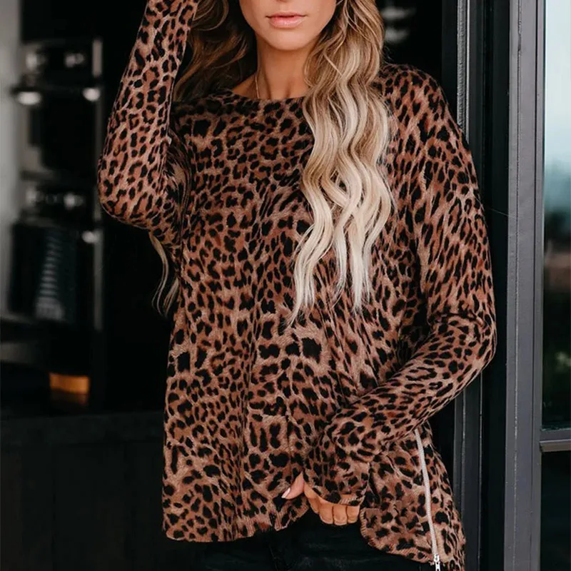 Осень размера плюс в полоску Женская футболка с леопардовым принтом О образным