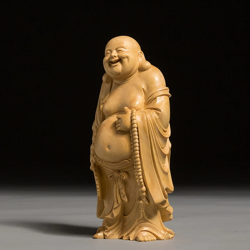 Статуя Будды Boxwood Maitreya из мифологии Смеющийся Будда с веером Скульптура Подарок