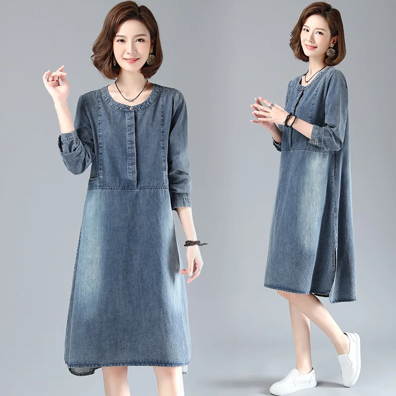 

New Spring Autumn Women Dresses Plus Size Fashion O-Neck Casual Loose Pockets Long Sleeve Jeans Dress For Women Denim One-Piece