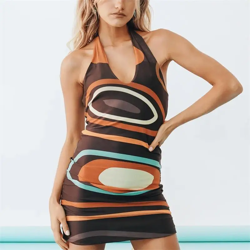 

Perspective Sexy Casual Abstract Print U-neck Halter Neck Women Short Dress Slim Sheath Bag Hip Backless Summer Ladies Dresses