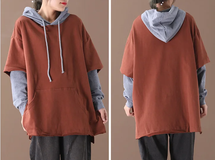 Весенние свитшоты Женские повседневные Лоскутные с капюшоном и карманами