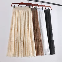 temperament skirts new women spring autumn summer vintage mesh tulle office elastic high waist elegant sweet longue lady young
