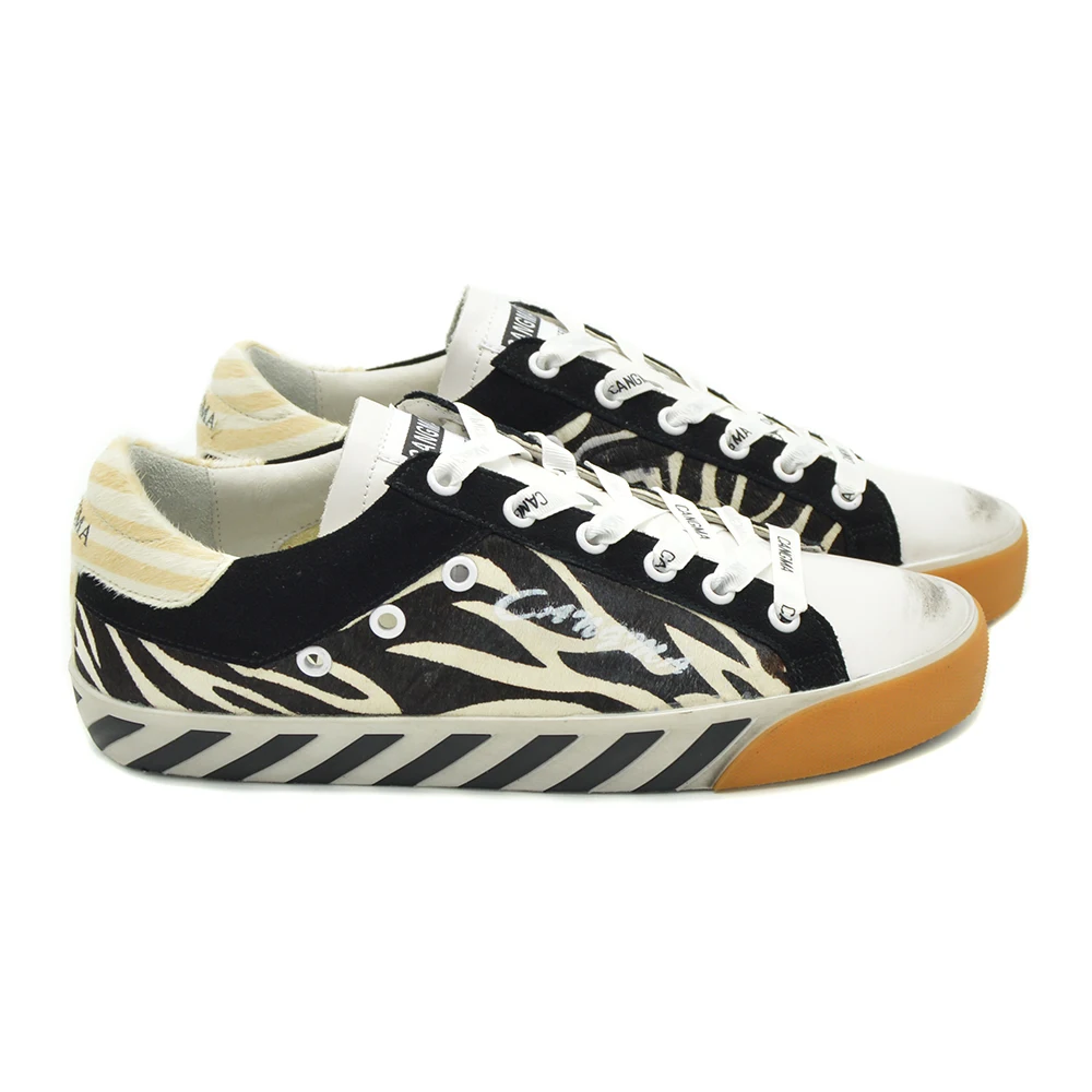 

CANGMA Luxury Brand Designer Men Sneakers VintageBlack White Stripes Horsehair Shoes Male Vulcanized Sneaker