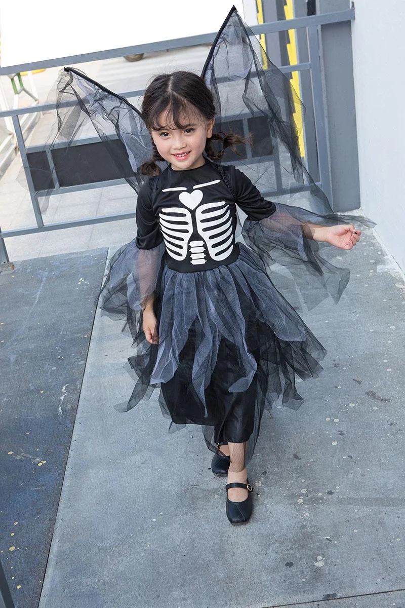 Черное платье с изображением скелета ангела для девочек Костюм на Хэллоуин детей