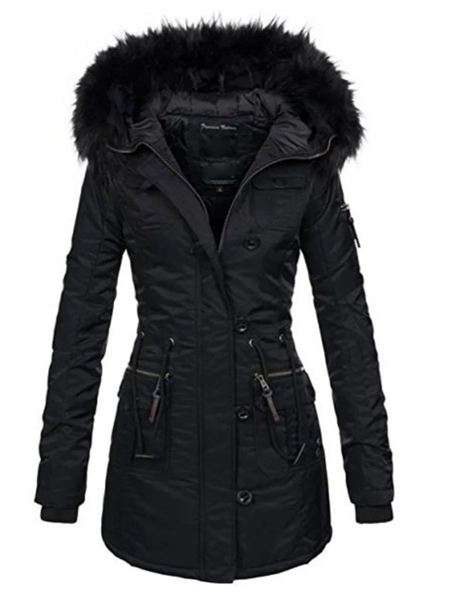 

New coat hooded fur collar thickened medium length cotton coat Zipper Jacket Women's