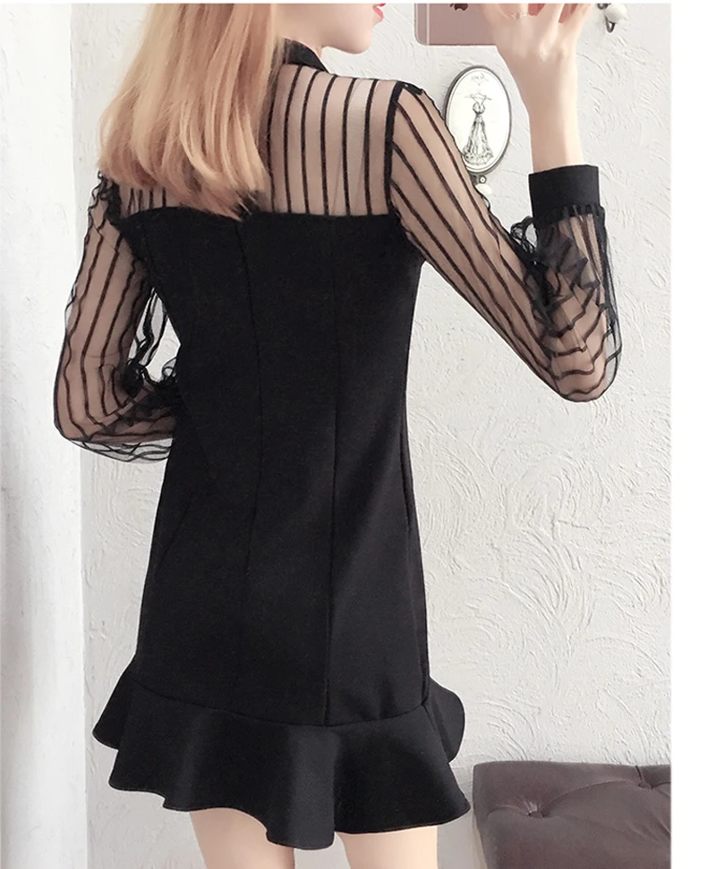 Новое весеннее черное кружевное платье женское с круглым вырезом и длинным