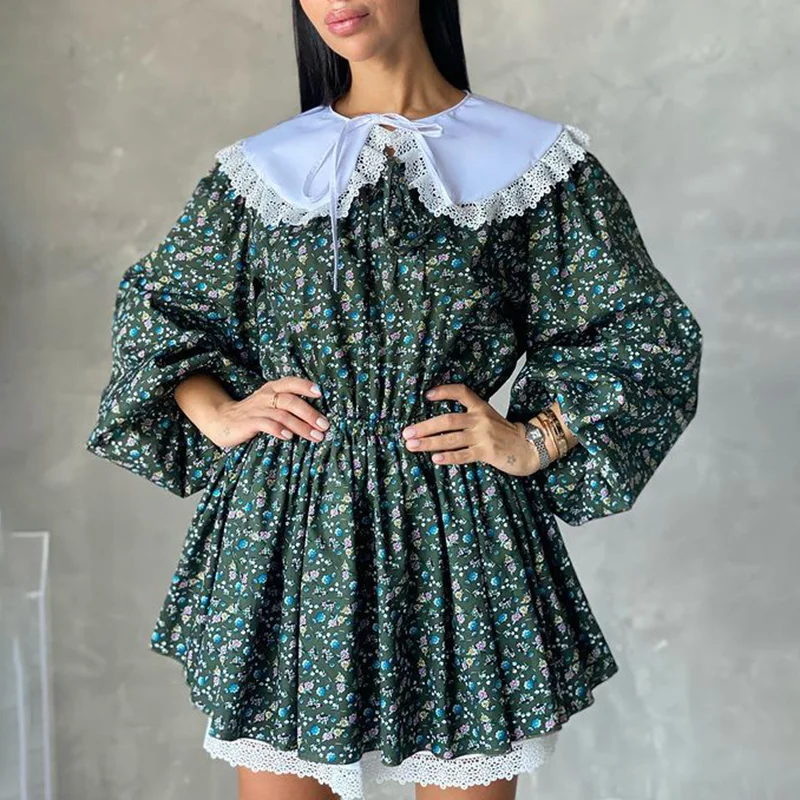 

CP Prairie Chic Peter Pan Collar Dresses Women Vogue A Line Fold Mini Dress Women Elegant Floral Printed Dresses Female Ladies
