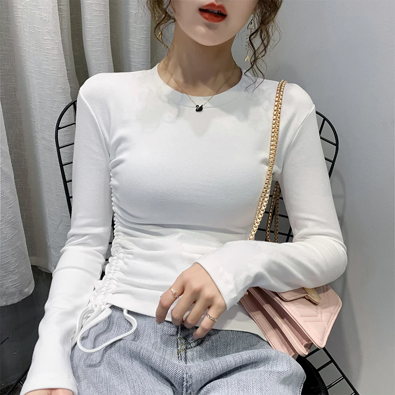 

100% Cotton Tshirt Women 2021 Shirring Slim Black White Long Sleeve O-neck Basic Woman Tops Fashion Casual T Shirt Female Tees