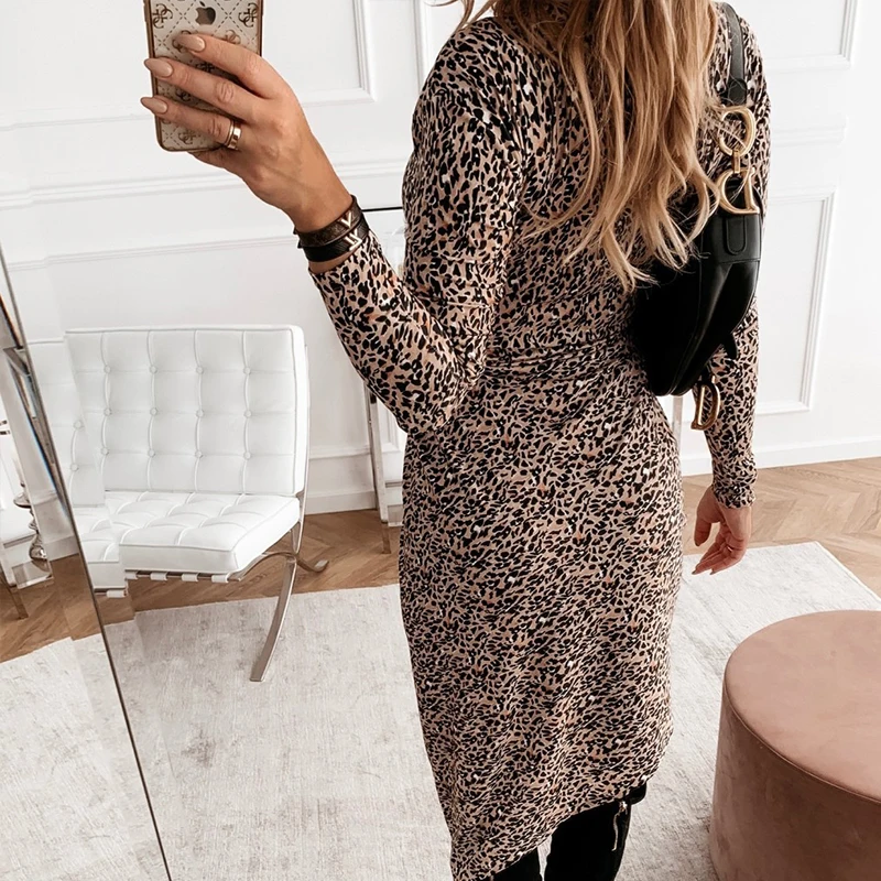 

Women Leopard Print Irregular Dress Autumn Long Sleeve Lace Up Bodycon Dress Turtleneck Female Winter Sexy Club Party