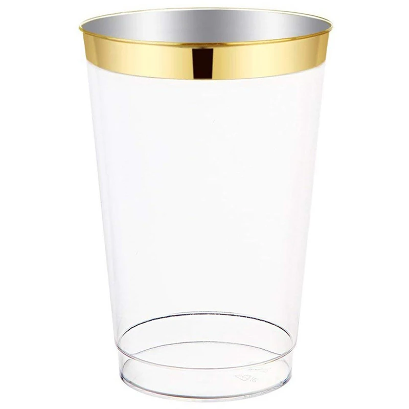 

100x Gold Plastic Cups 10 Oz Clear Plastic Cups Tumblers Gold Rimmed Cups Fancy Disposable Wedding Cups Elegant Party Cups with