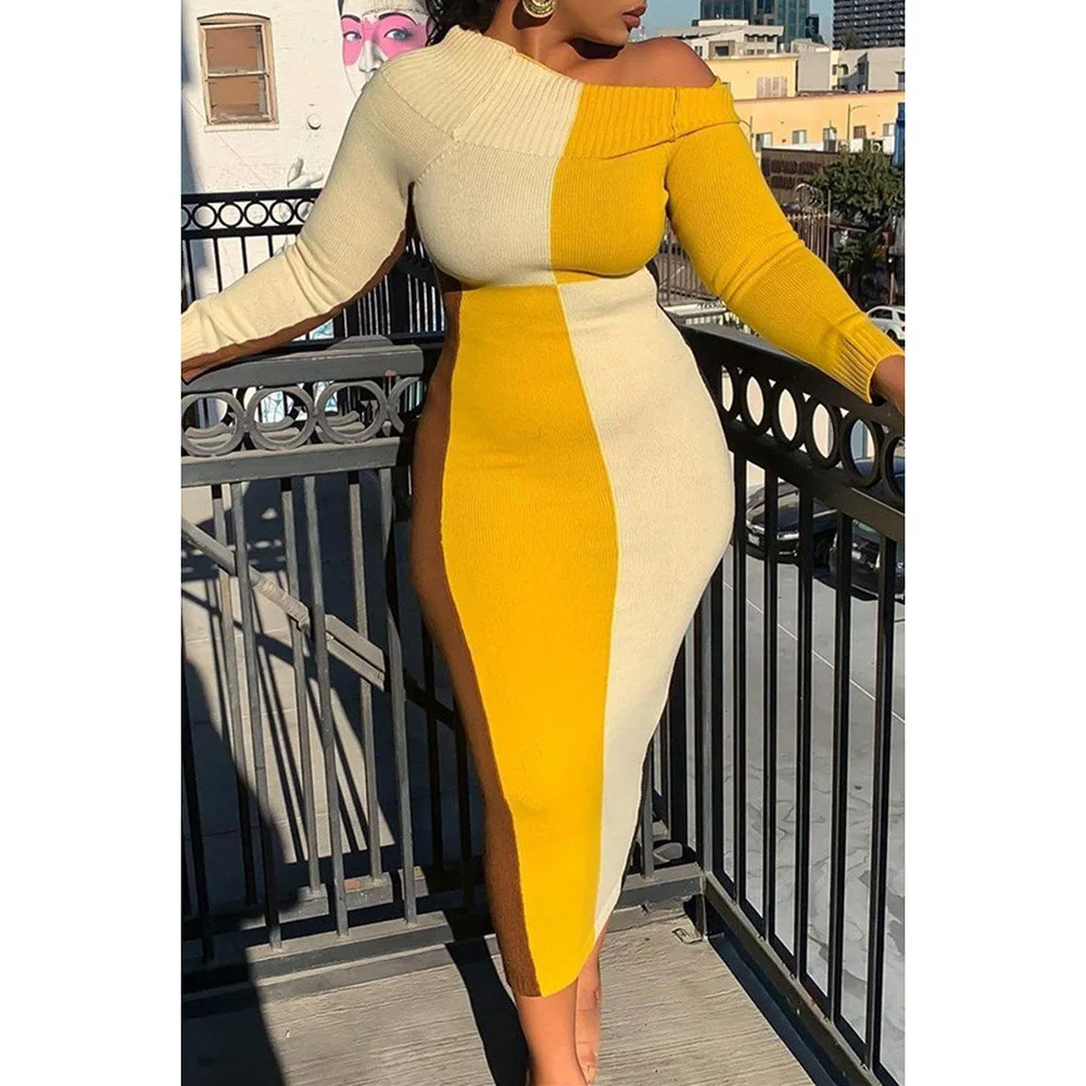 

Women's Long-sleeved Dress Fashion Casual Pullover Round Neck Solid Color Commuter Geometric Pattern Stitching Women's Clothing