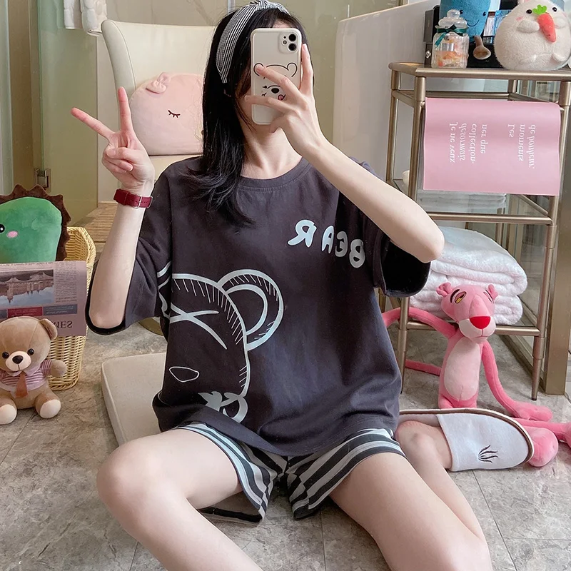 

Big Head Bear Pajamas Women's Short-Sleeved Summer Thin Cotton Suit Casual Fresh Students Spring and Autumn Can Be Outerwear
