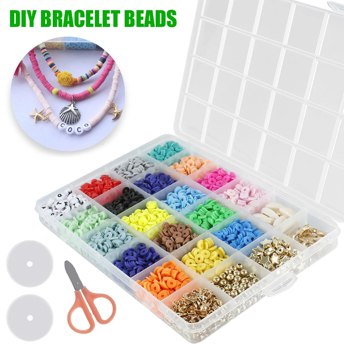 

Multi-Color Clay Beads Set 4500pcs 6mm Flat Round Polymer Clay Beads with Elastic String Letter Pentagram Square Beads