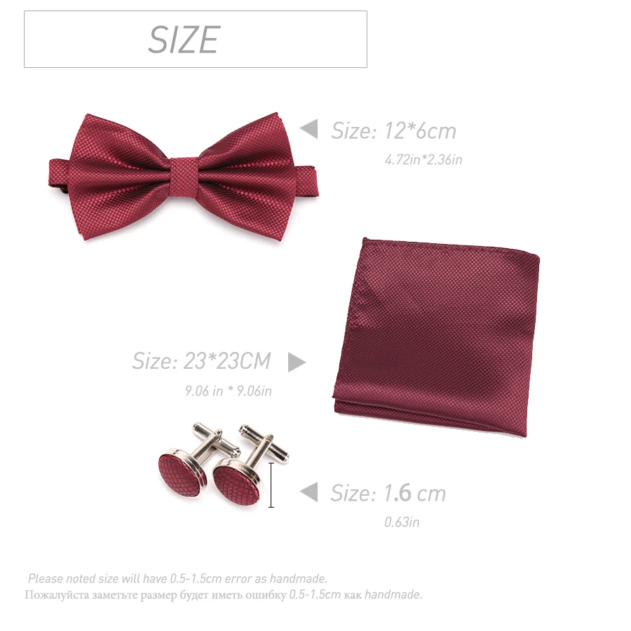 

Men Bowtie Cravat Cufflinks 3Pcs Set Fashion Butterfly Party Wedding Bow Ties for Mens Candy Color Bowknot Handkerchief