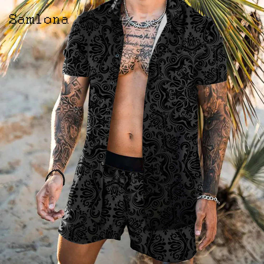 Plus Size 3xl Men clothing ropa hombre sexy mens Shirts sets BOHO flower print two piece sets lightweight 2022 summer beachwear