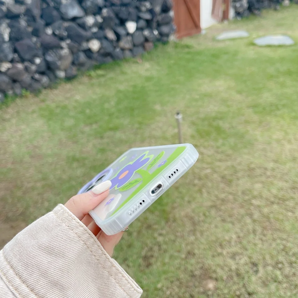 

Heart-shaped Camera Hole Phone Case For iPhone 12 11 Pro XS Max XR 7/8 Plus 12Pro Cute Purple Flowers Print Soft Protect Cover