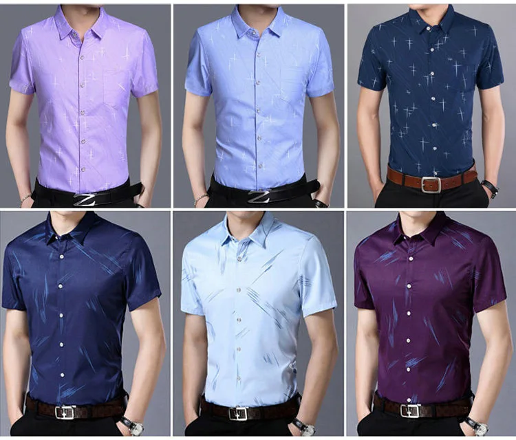 

Summer New Mens Shirts Dress Shirt Chemise Homme Short Sleeve Print Shirt for Men Fashion Smart Casual Blue Purple Vintage Shirt