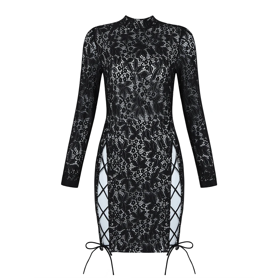 2020 HOT Fashion Black Lace Mini Dress Long Sleeve Sexy Bandage Celebrity Party Club Costume | Женская одежда