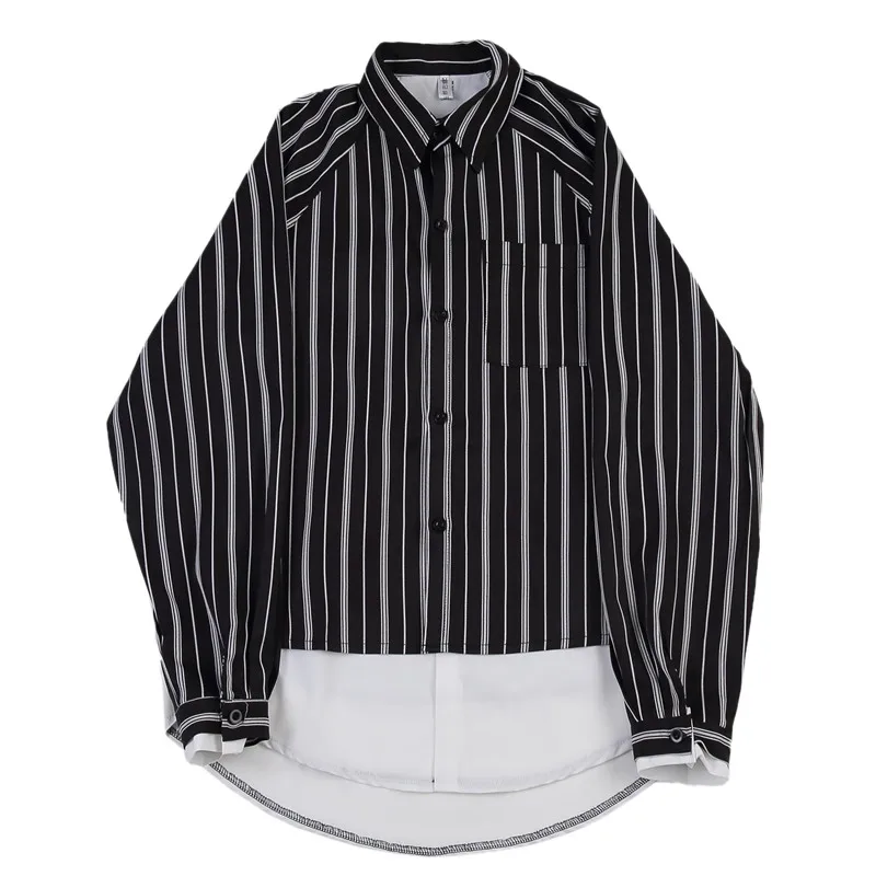

New Male Streetwear Hip Hop Shirt Coat Outerwear Men Stripe Splice White Casual Long Sleeve Shirt Style Jacket