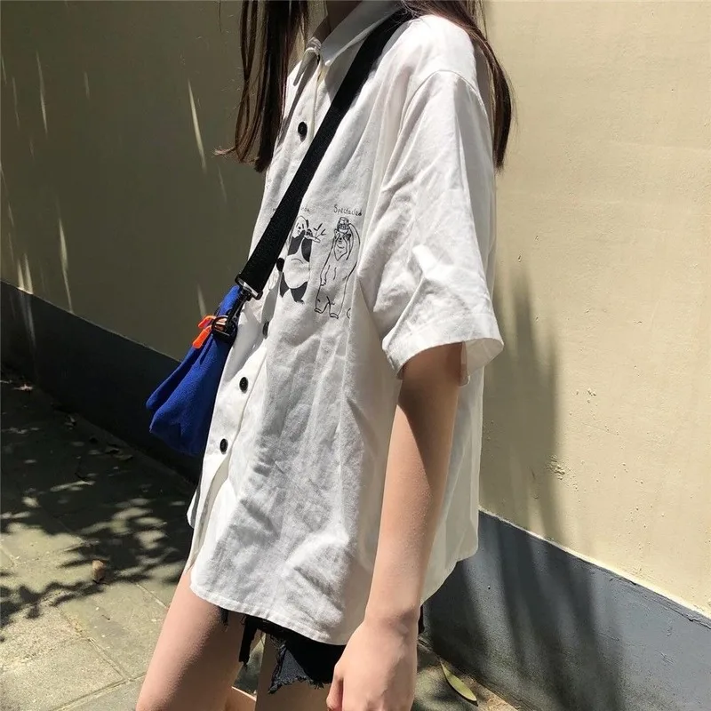 

Blouse Women Shirts Turn-down Collar Summer Harahjuku Streetwear Printed BF Fashion Womens Vintage Elegant Students Ulzzang Chic