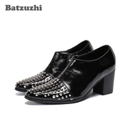 batzuzhi 7cm high heel mens shoes pointed toe rivets black genuine leather ankle boots zip vintage botas hombre big sizes eu46