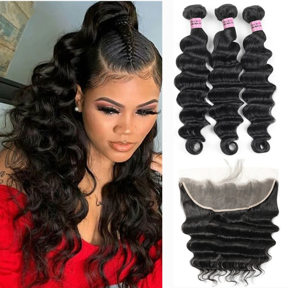 Loose Deep Wave Bundles With Frontal Malaysian Human Hair Bundles With Frontal For Black Women Virgin Hair Bundles With Closure