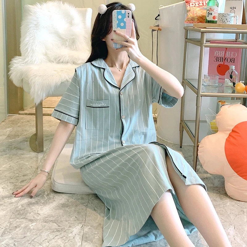 

Summer Thin Striped Cotton Maternity Nursing Night Dress Loose Breastfeeding Sleepwear Pregnancy Breast Feeding Home Lounge Wear
